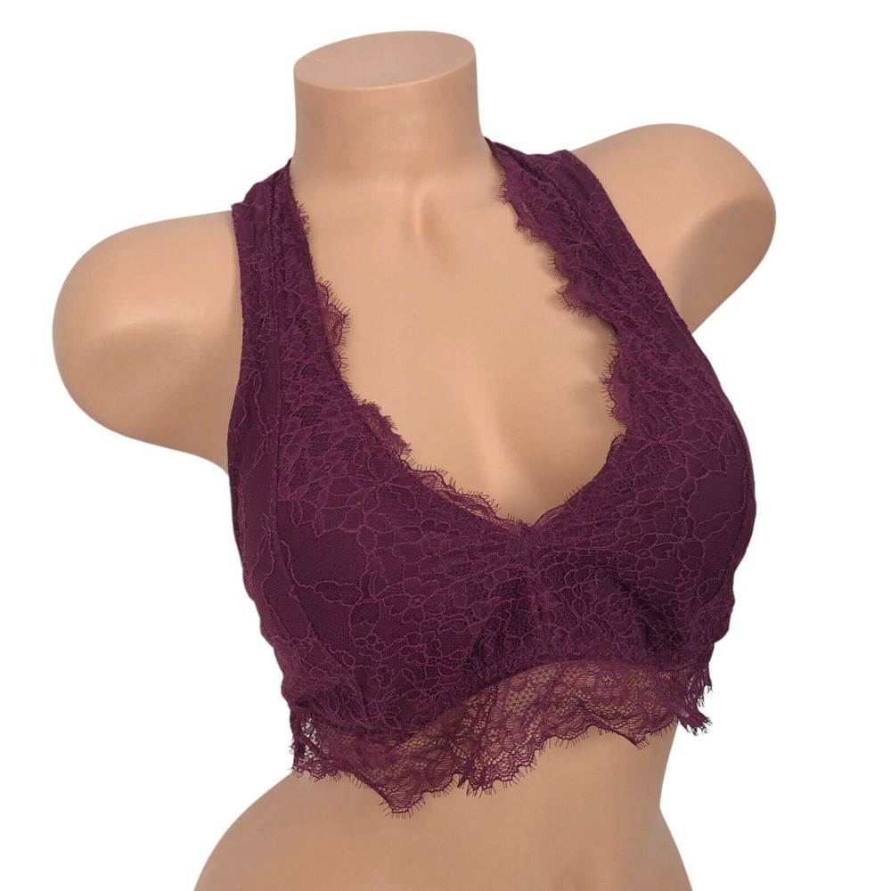 Hollister Gilly Hicks Floral Lace Bralette Size L Racerback Padded Burgundy Wine